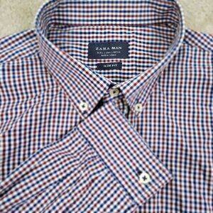 Zara Man Shirt Slim Fit Plaid Button-Down Long Sleeve w/ Elbow Patches Mens Sz L